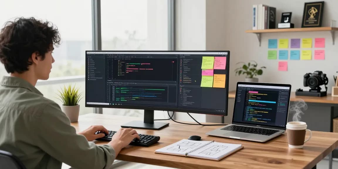 Build internal tools with AI in a modern workspace, showcasing coding screens and project flowcharts.