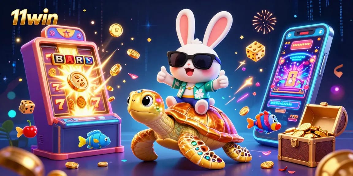Join the adventure with 11win's lucky rabbit and golden turtle in a vibrant casino scene.
