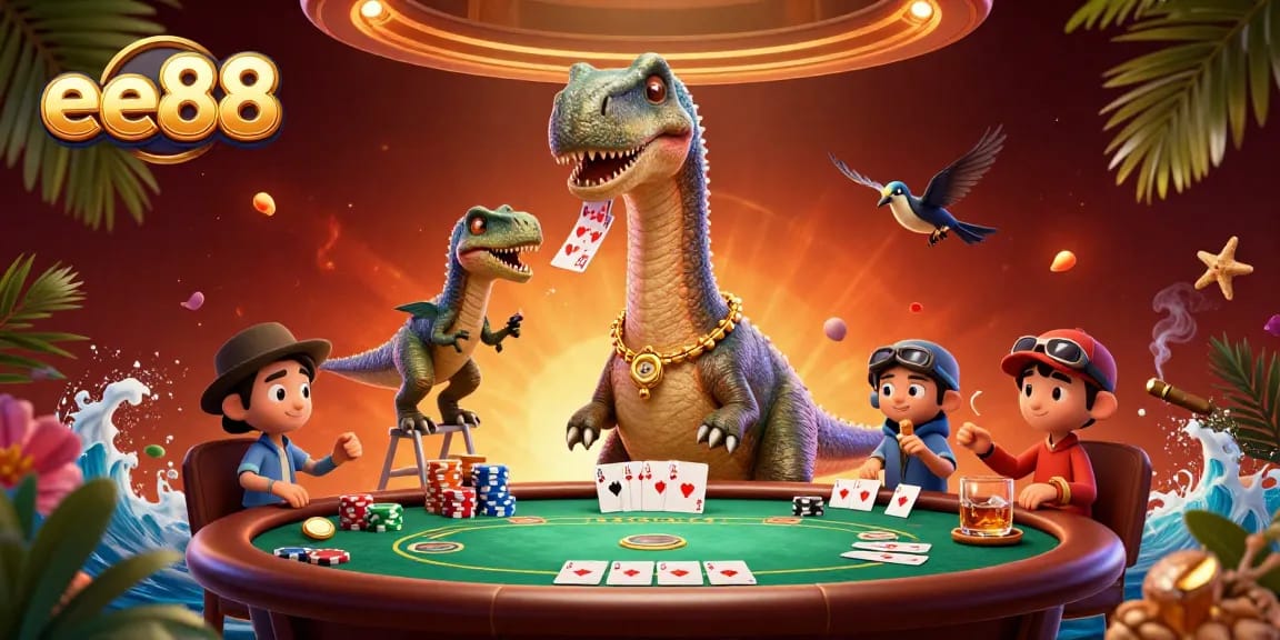 ee88 features a giant brontosaurus with a raptor dealer amidst a lively poker game scene.