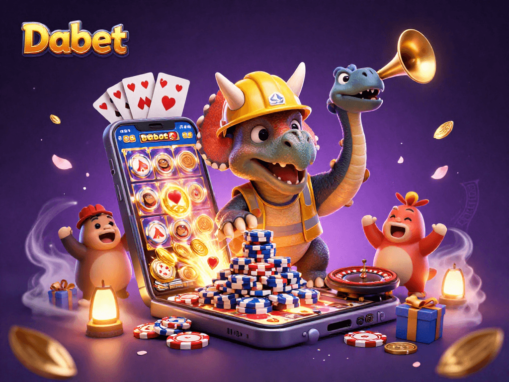 Dabet engages players as a cartoon triceratops builds poker chip pyramids amidst dynamic casino action.