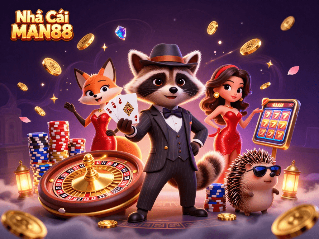 Experience thrilling play at Nhà Cái MAN88 with charming characters and vibrant casino elements.