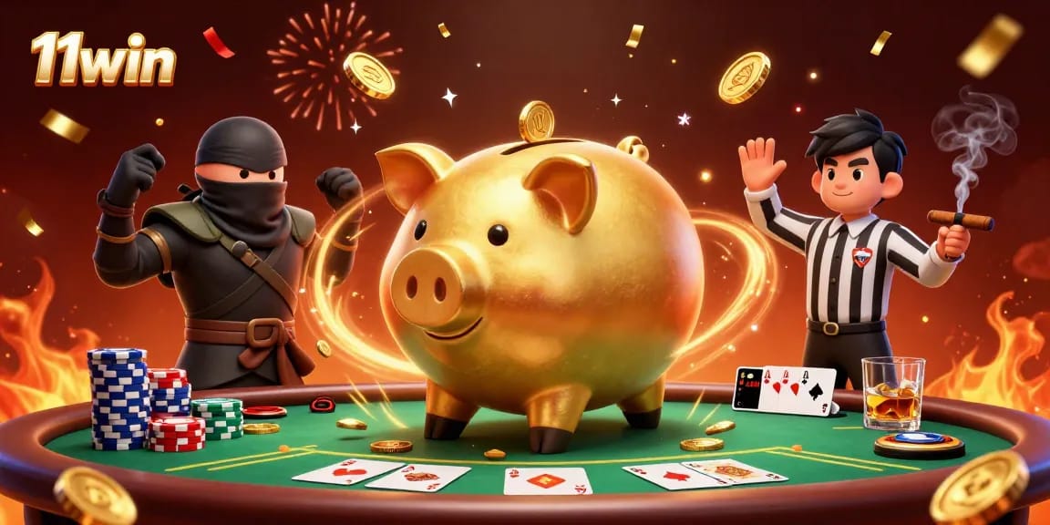 Capture thrilling 11win action with a golden sumo piggy bank and poker intensity.