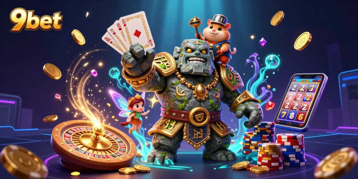 Experience the excitement of 9bet with a magical golem and enchanted symbols of luck.