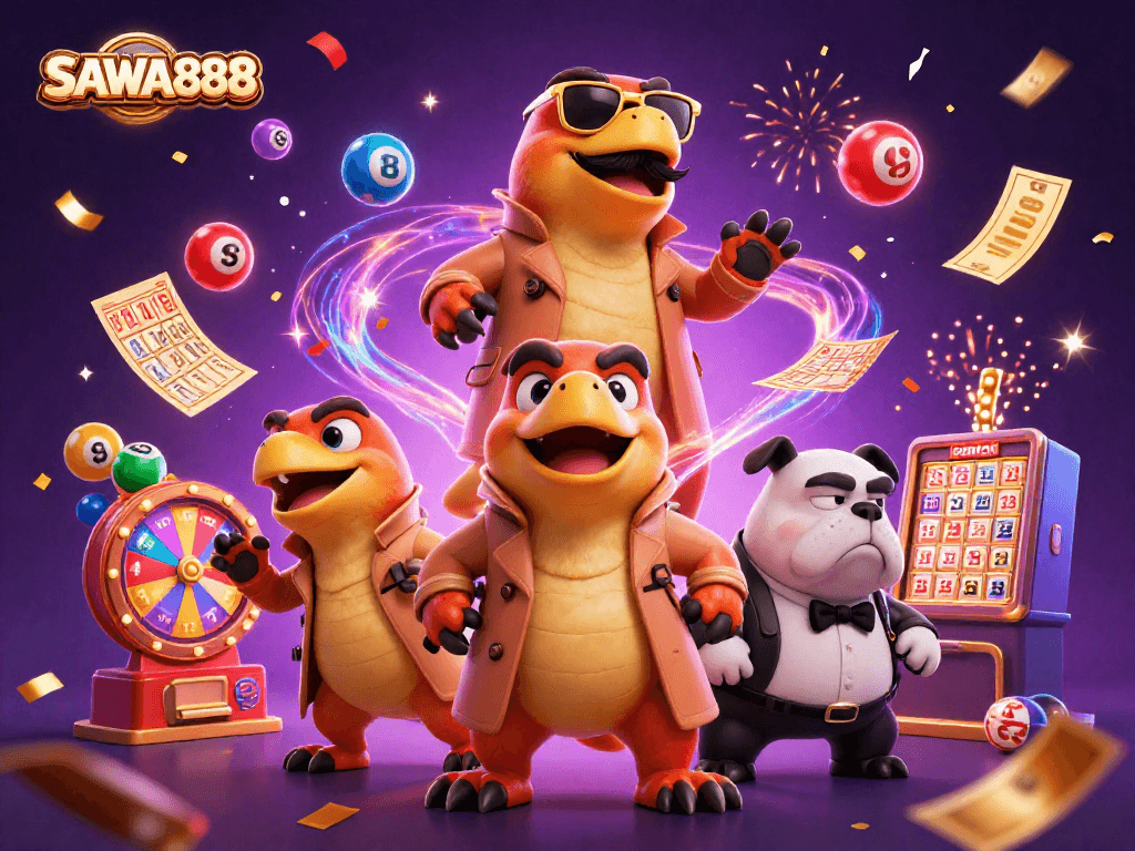 Experience the thrill of SAWA888 as raptors try to enter a luxurious casino lounge amidst dynamic game elements.