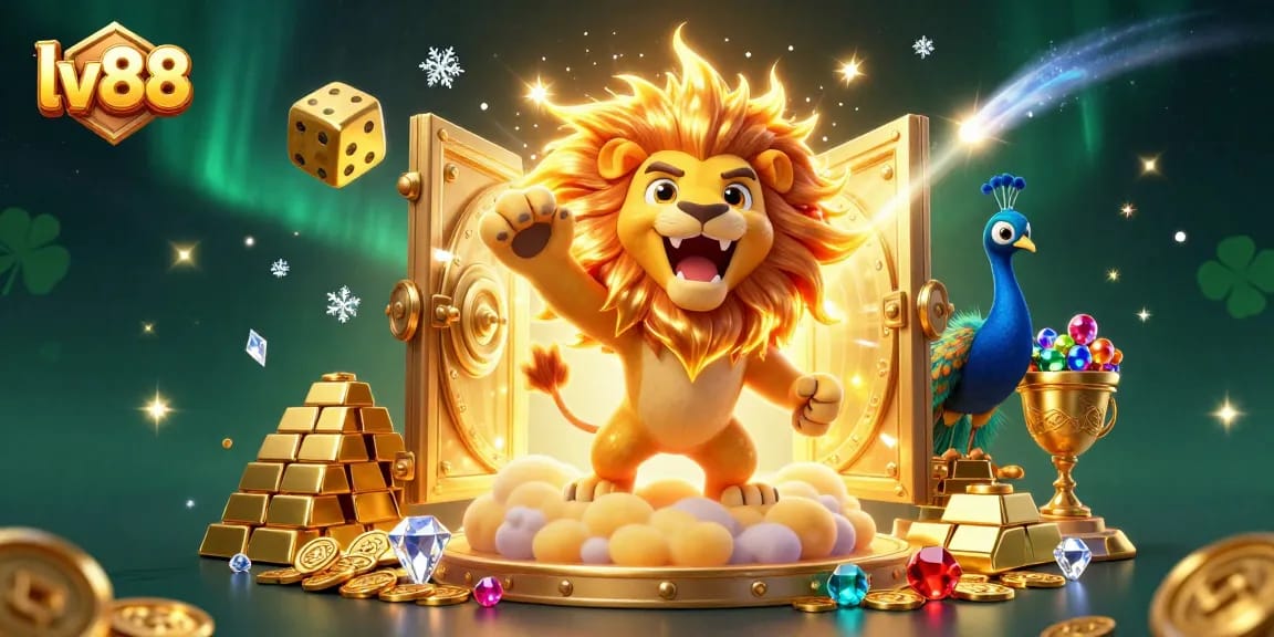 Engage with thrilling casino adventures at lv88, featuring a vibrant 3D scene of the roaring sun lion and sparkling treasures.