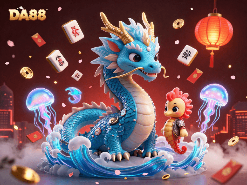 Engage with DA88's vibrant fun as the azure water dragon, coral knight, and glowing jellyfish celebrate in this casino scene.