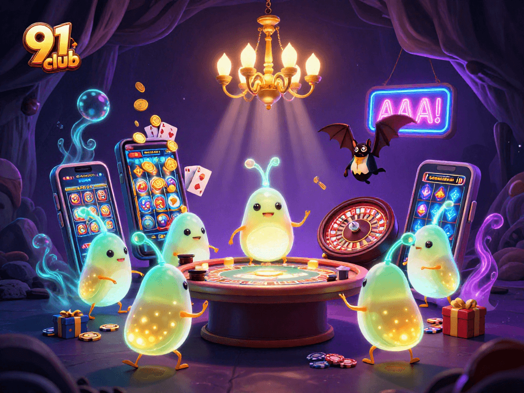 Experience the excitement of 91 club with glowing characters in a vibrant casino scene.
