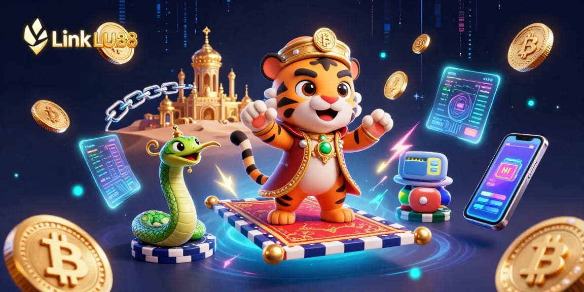 Spin to win with engaging visuals of Link LU88, featuring vibrant casino elements and cryptocurrency.