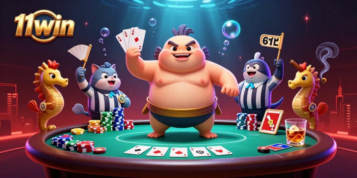 Join the fun at 11win with a lively poker scene featuring a blowfish and catfish.
