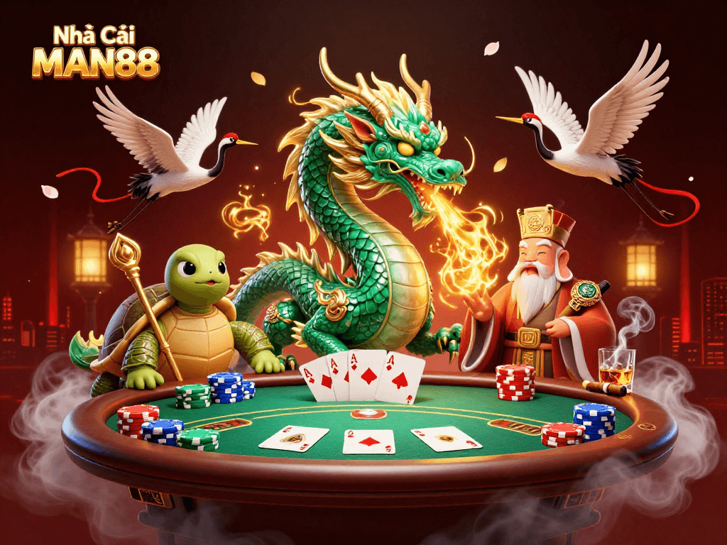 Engage in thrilling play with Nhà Cái MAN88 featuring a majestic dragon and vibrant poker scene