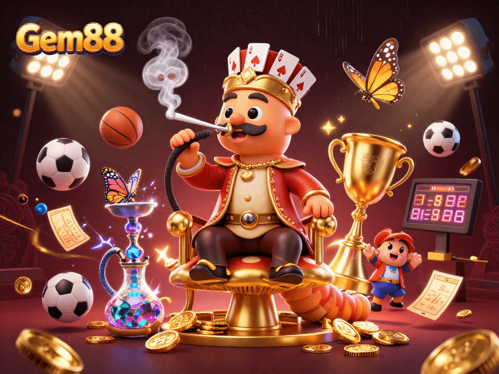 Experience Gem88's dynamic gaming atmosphere with vibrant characters and casino elements.