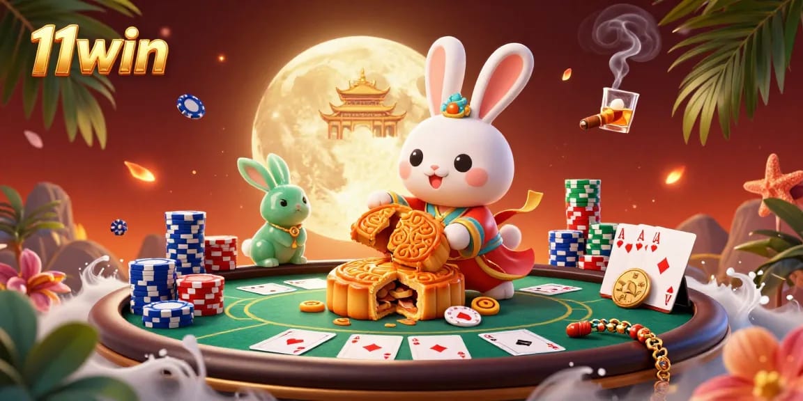 Experience exciting gaming action with 11win's vibrant poker-themed illustration featuring colorful chips and cards.