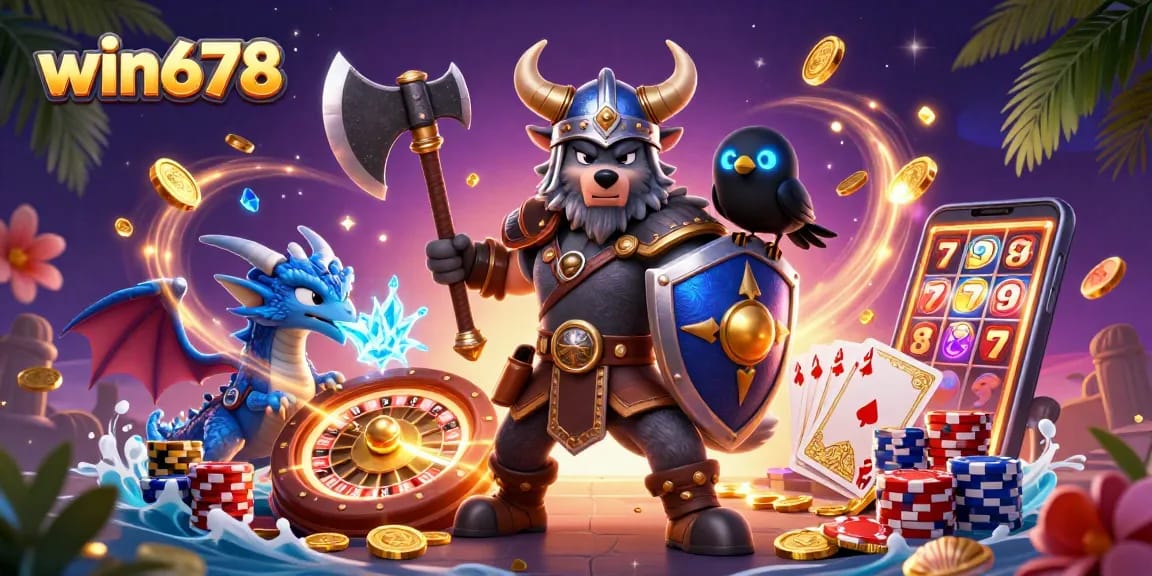 Win678 Viking warrior spins roulette while dragon and raven create a lively casino scene.