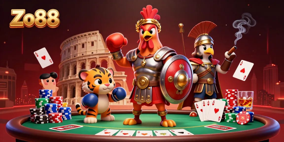 Experience exhilarating gameplay with Zo88 through a lively 3D illustration featuring a gladiator rooster and poker elements.