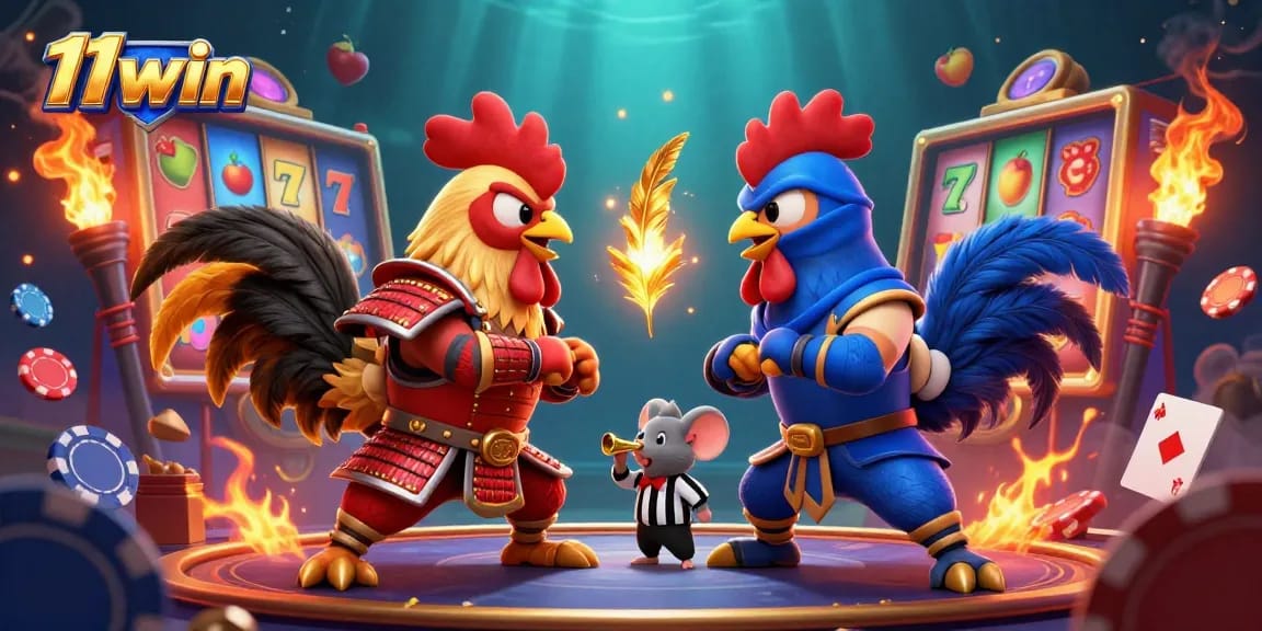 Engage with thrilling action at 11win, featuring dynamic cockfighting roosters amidst vibrant slot machine elements.