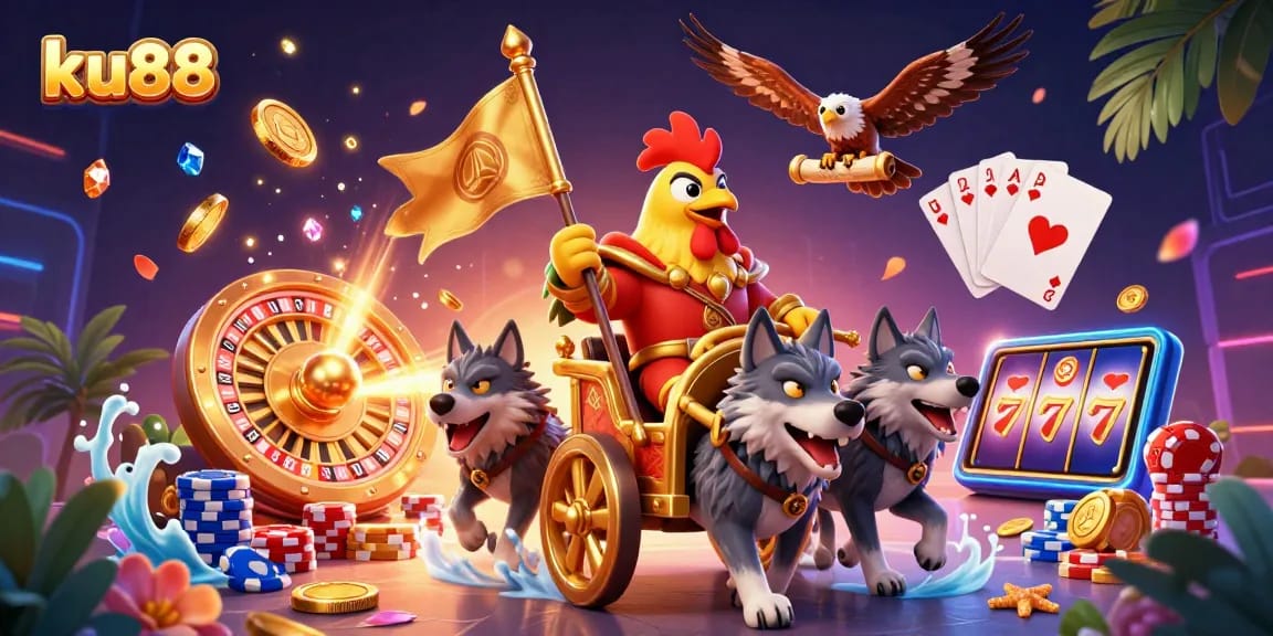 Experience Luck and Adventure with ku88 in this crowded casino scene filled with golden symbols and vibrant characters.