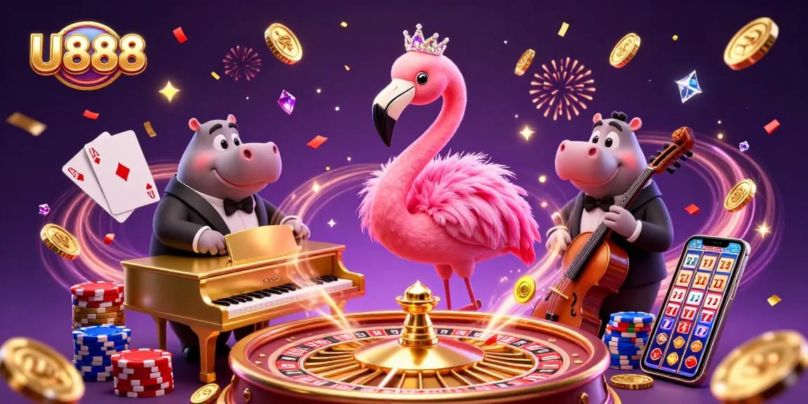 Experience thrilling gameplay at U888 with a vibrant illustration of a flamingo singer and hippo bassist in a lively casino atmosphere.