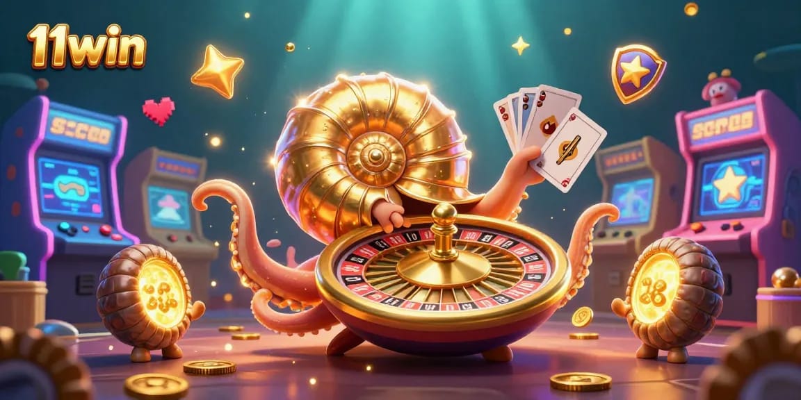 Experience the vibrant action of 11win with a dazzling 3D casino illustration of a giant nautilus roulette.