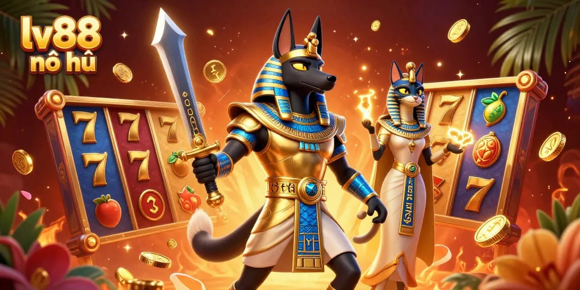 Engage with lv88 nổ hũ and explore vibrant slot games featuring Anubis and Bastet in a lively casino scene.