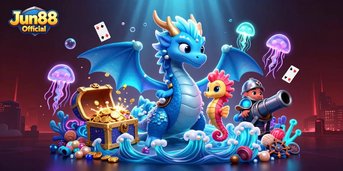 Win big at Jun88 Official with a stunning 3D illustration embodying ocean-themed gameplay and treasures.