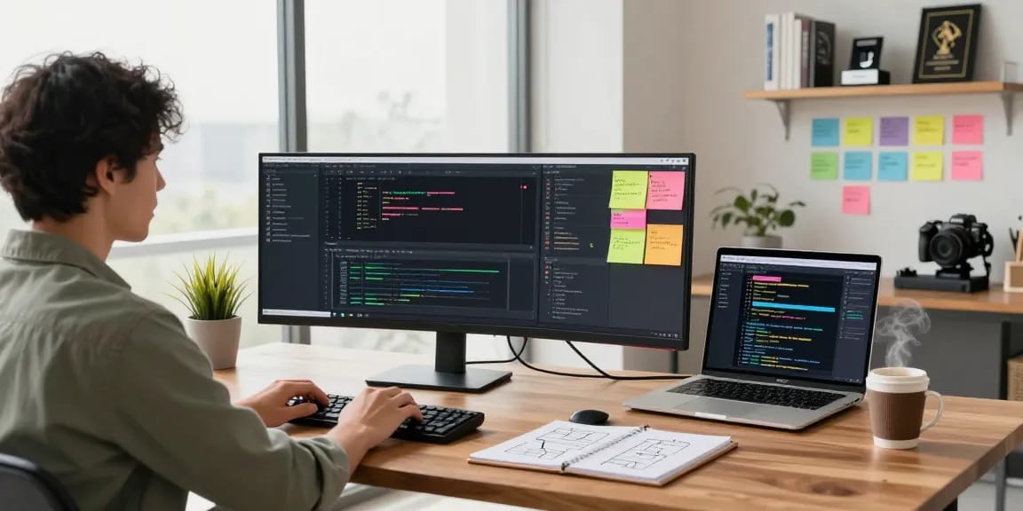 Build internal tools with AI in a modern workspace, showcasing coding screens and project flowcharts.