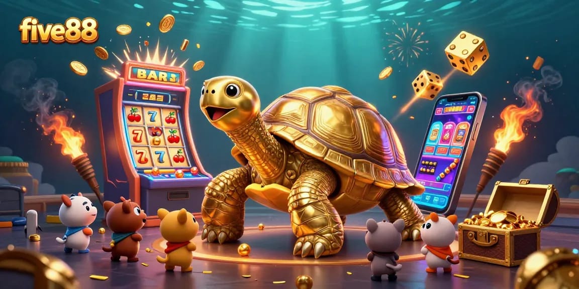 Engage in thrilling gameplay at five88 with a vibrant scene of a colossal tortoise pinball machine.