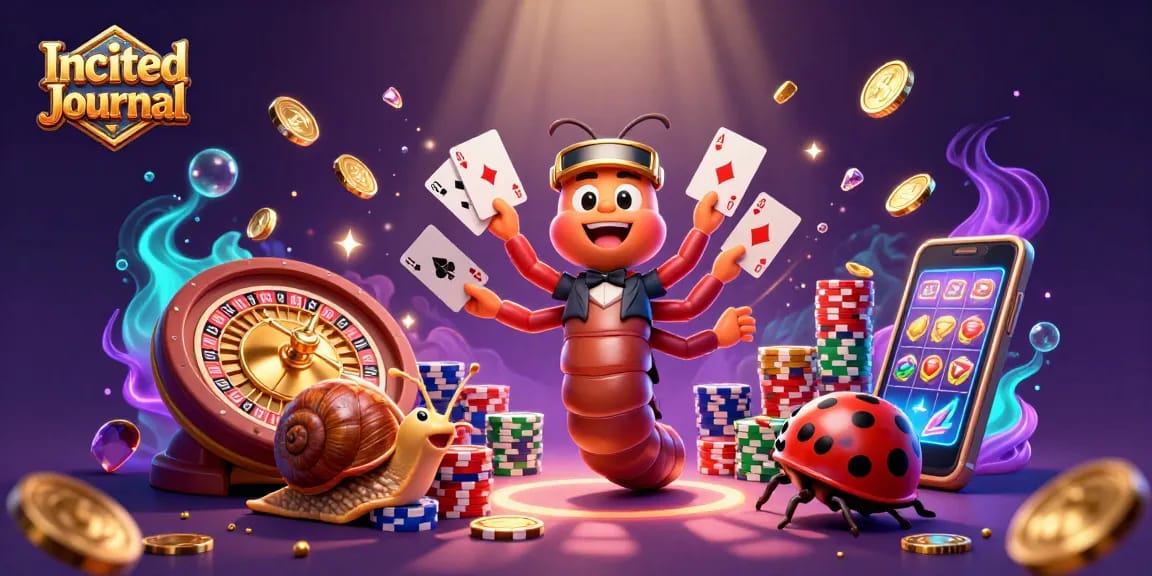 Incited Journal showcases animated casino action with a millipede dealer, vibrant chips, and spinning roulette.