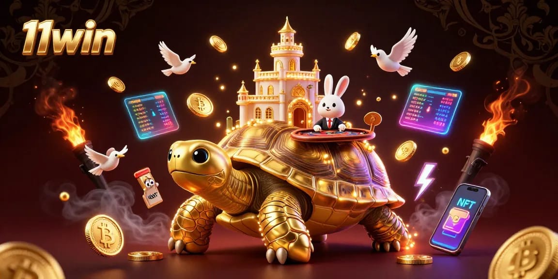 Experience thrilling gaming adventures with 11win's vibrant tortoise casino scene filled with golden coins.