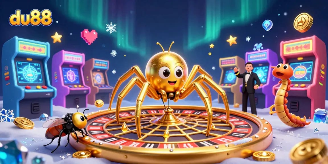 Engage in thrilling bets at du88 with a vibrant casino scene featuring a golden web roulette wheel.
