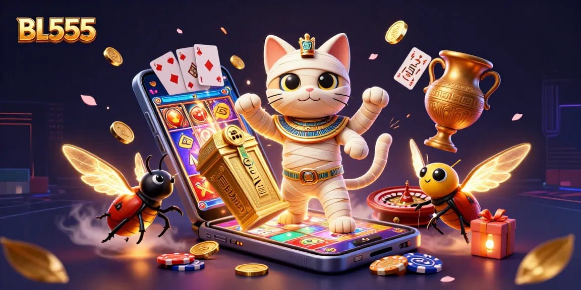 Engage with thrilling games at BL555 with colorful slot reels and exciting casino elements.