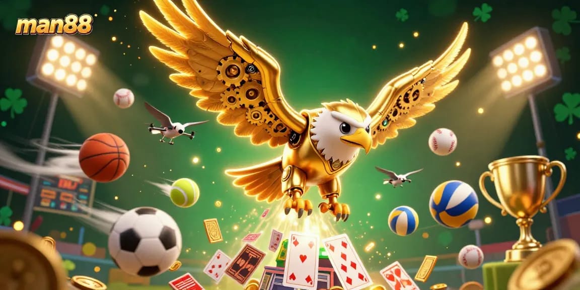 Experience gambling thrills with man88 and a dynamic 3D eagle amidst sports elements.