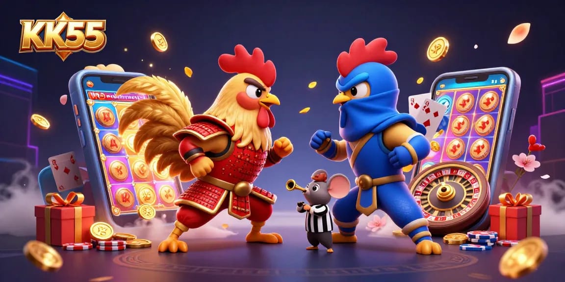 KK55 features dynamic fighting roosters showcasing exciting online gambling action.