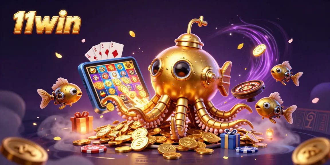 Engage with 11win slots amid a vibrant 3D kraken and golden treasures.