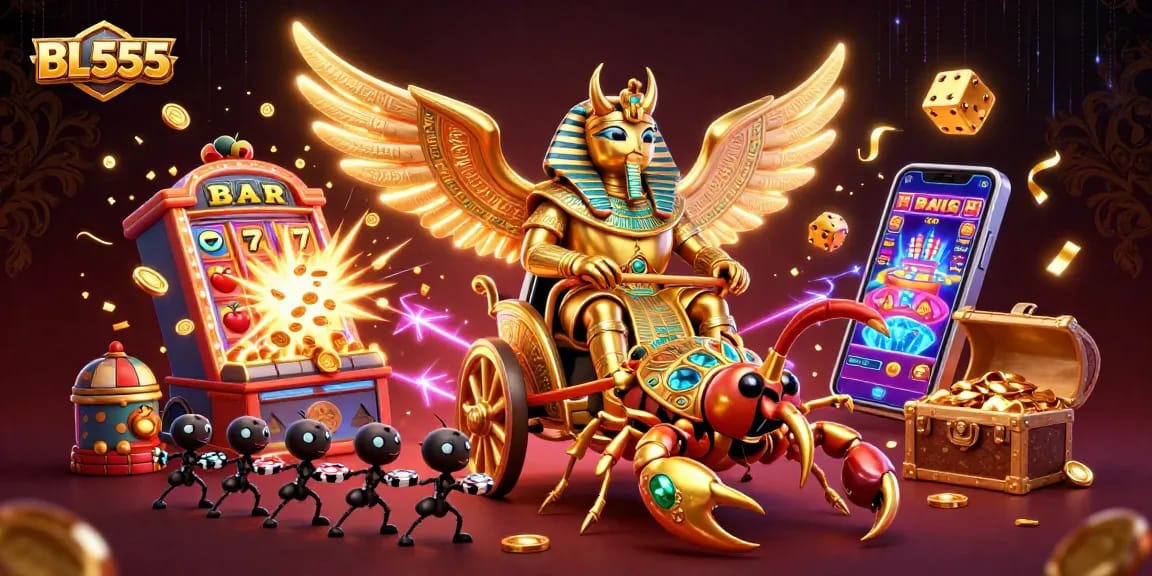 Engage with exciting casino action at BL555, featuring dynamic gambling visuals and colorful gaming elements.