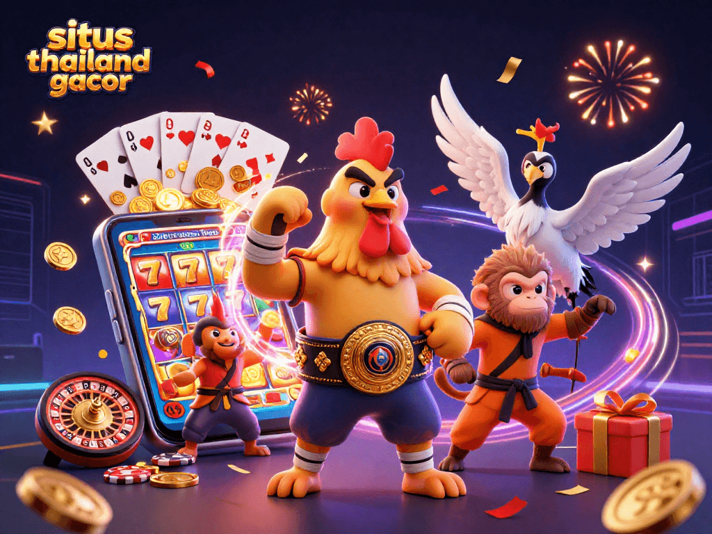Engage in slots at situs thailand gacor with Muay Thai rooster and martial artists amidst a lively casino atmosphere.