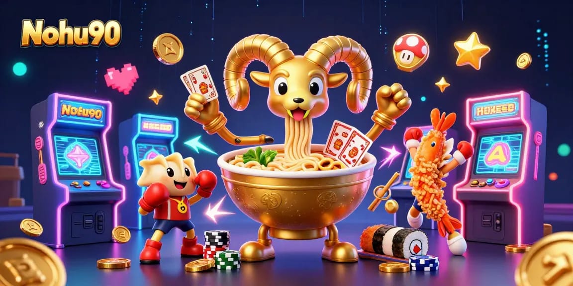 Nohu90 showcases a vibrant 3D illustration featuring a giant ramen bowl dealing casino cards amidst colorful gaming machines.