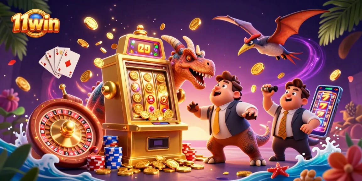 11win themed illustration with a pachycephalosaurus winning jackpot coins from a golden slot machine.