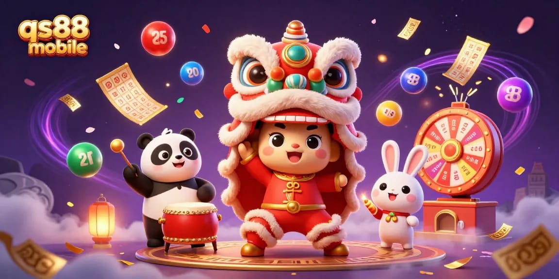 Experience qs88 mobile's vibrant action with colorful lottery elements and energetic characters in this 3D illustration.