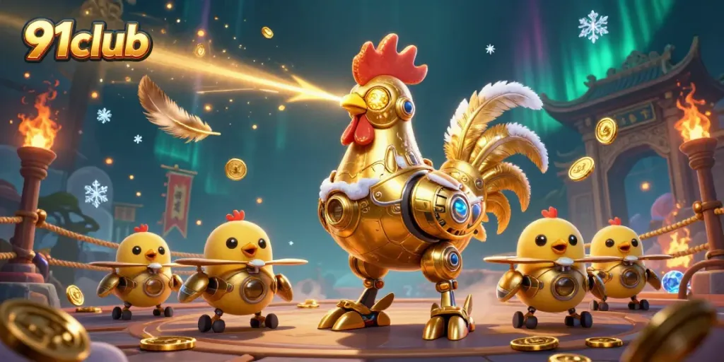 Exciting 91club gaming scene with a golden rooster robot and baby chick drones in a vibrant arena.