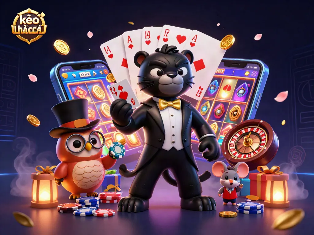 Engage with kèo nhà cái through a vibrant 3D scene of a stylish panther dealer, owl, and lucky mouse at a casino.