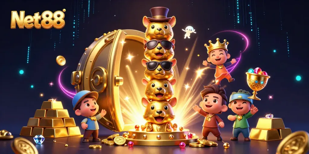 Engage with Net 88's vibrant casino experience featuring animated golden totem pole and treasure elements.