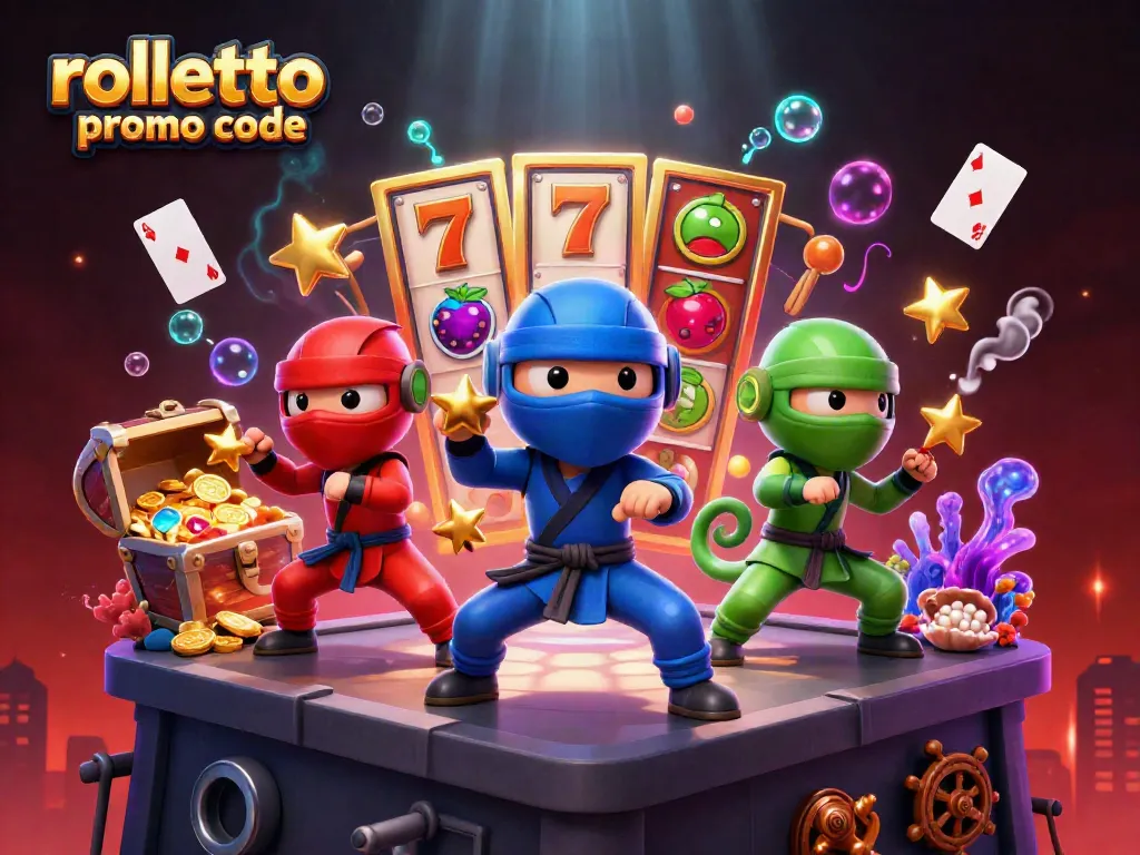 Engage with rolletto promo code to unlock thrilling slots and martial arts fun in this vibrant 3D illustration.