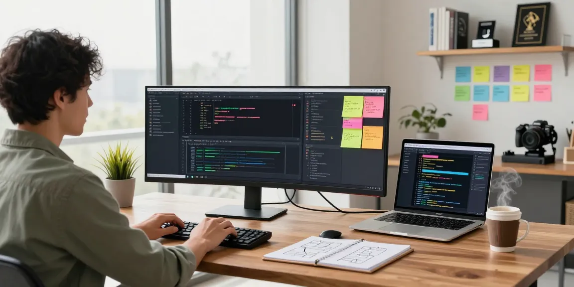 Build internal tools with AI in a modern workspace, showcasing coding screens and project flowcharts.