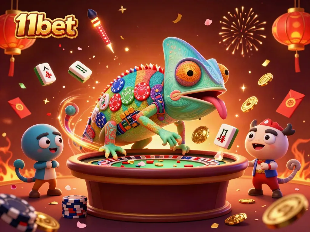 Experience thrilling gaming in 11bet's vibrant 3D casino scene with colorful characters and festive elements.