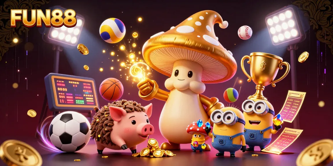 Engage with FUN88's magical gaming experience featuring a golden wizard, treasure, and sports elements.