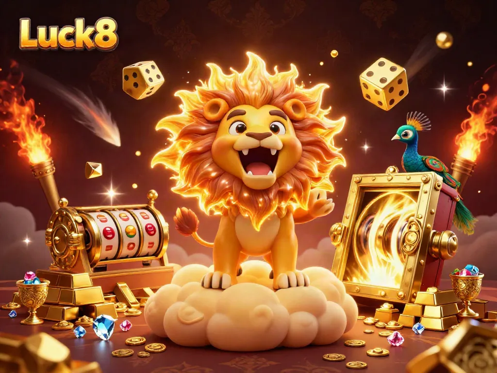 Experience the exciting world of Luck8 with vibrant casino elements and a roaring sun lion.