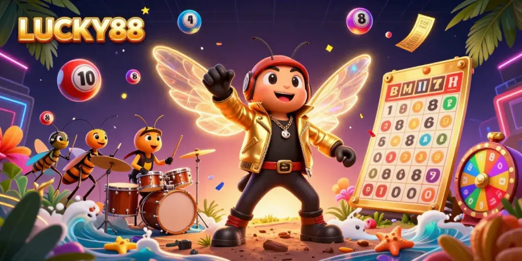 Spin to win with LUCKY88 in this vibrant 3D casino illustration featuring exciting games and vibrant visuals.