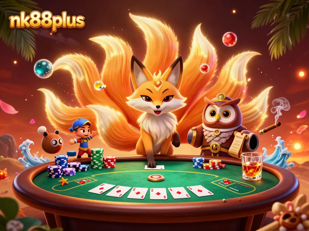 Engage with thrilling games at nk88plus, featuring a vibrant poker scene with a mystical fox spirit.