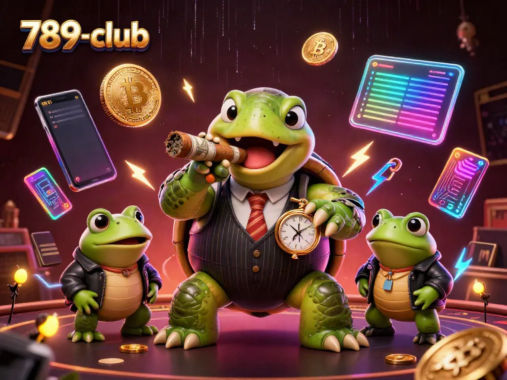 Experience the thrill of 789-club with dynamic 3D casino themed illustration featuring a snapping turtle, bullfrog enforcers, and vibrant crypto elements.