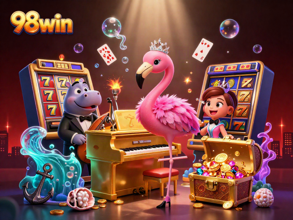 Engage in thrilling gaming action with 98win; a vibrant casino scene featuring animated characters.